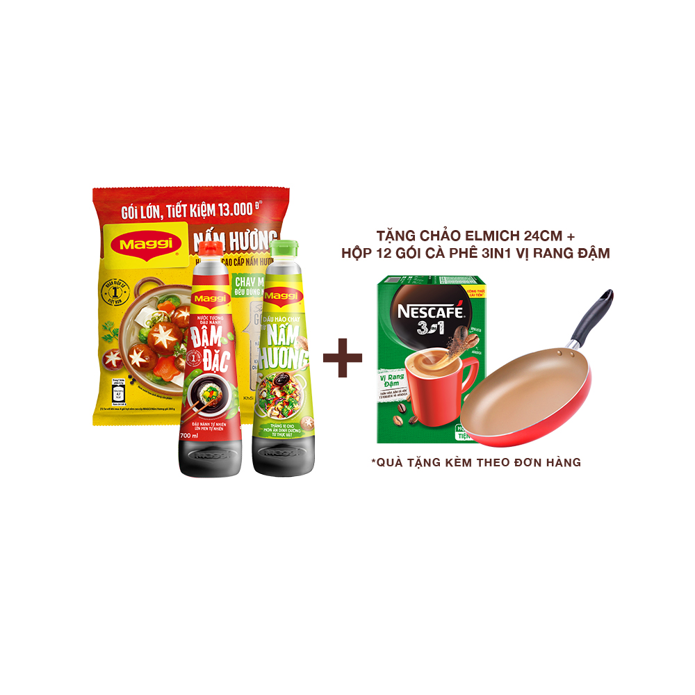 [TẶNG chảo Elmich &amp; 1 hộp Nescafé 3in1 vị Rang Đậm] Combo MAGGI | Hạt nêm Nấm Hương 800g + Nước tương đậu nành Đậm Đặc 700ml + Dầu hào Nấm Hương 820g