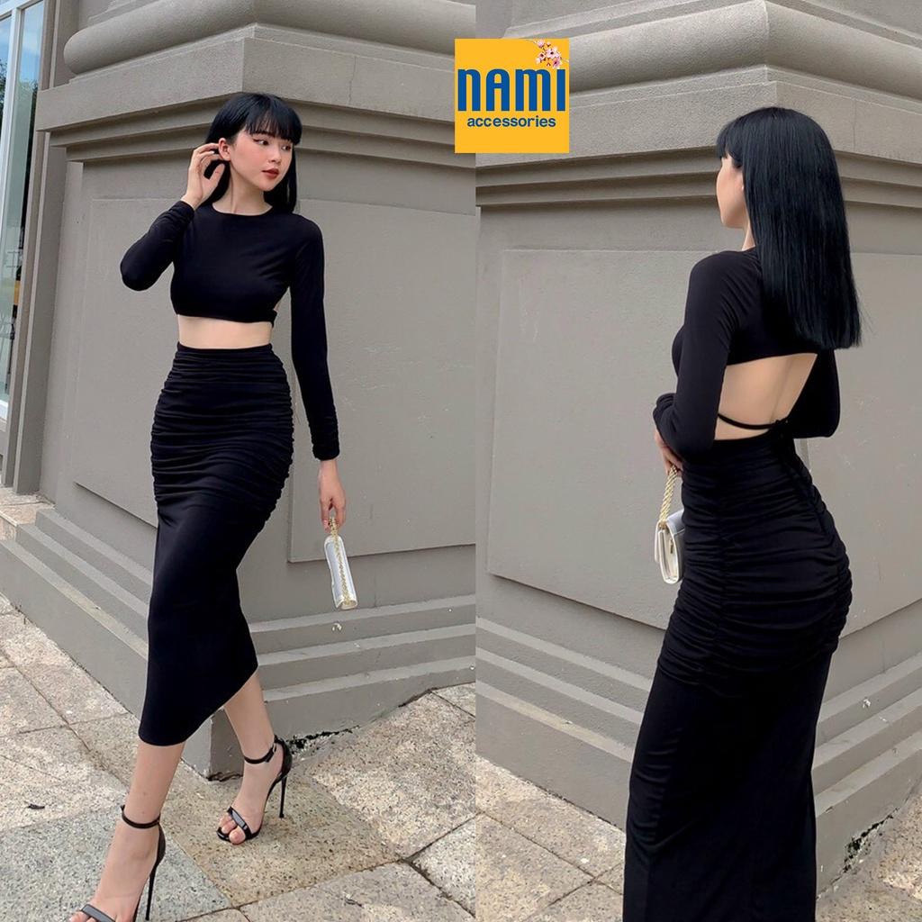 ( HÀNG CHUẨN ĐẸP) Set Áo Croptop Tay Dài Cutout Lưng Kèm Chân Váy Body Rúm Chuẩn Xịn Căng Đét Quyến Rũ - QANU522