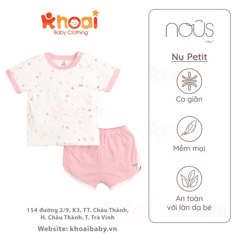 Bộ cài vai cộc Nous trắng hồng hình vườn hoa - Chất liệu Nu Petit 95% cotton thiên nhiên