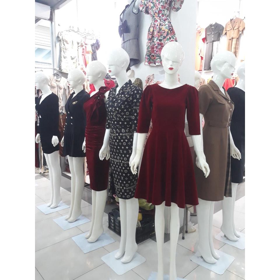 Váy nhung xòe, váy đầm thiết kế sang chảnh cổ thuyền khuy trai tay dài