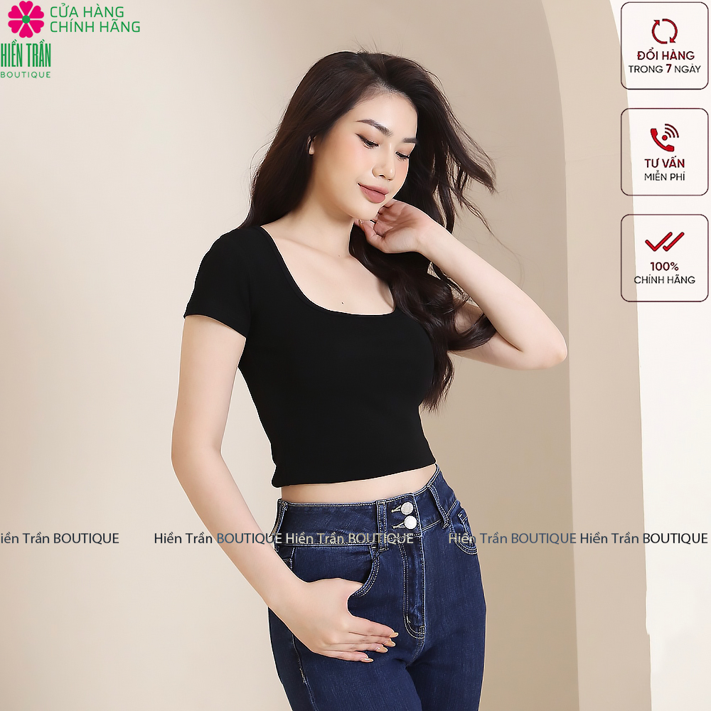 Áo croptop Hiền Trần BOUTIQUE cổ vuông cộc tay vải thun ôm body crotop nữ cotton co giãn tốt