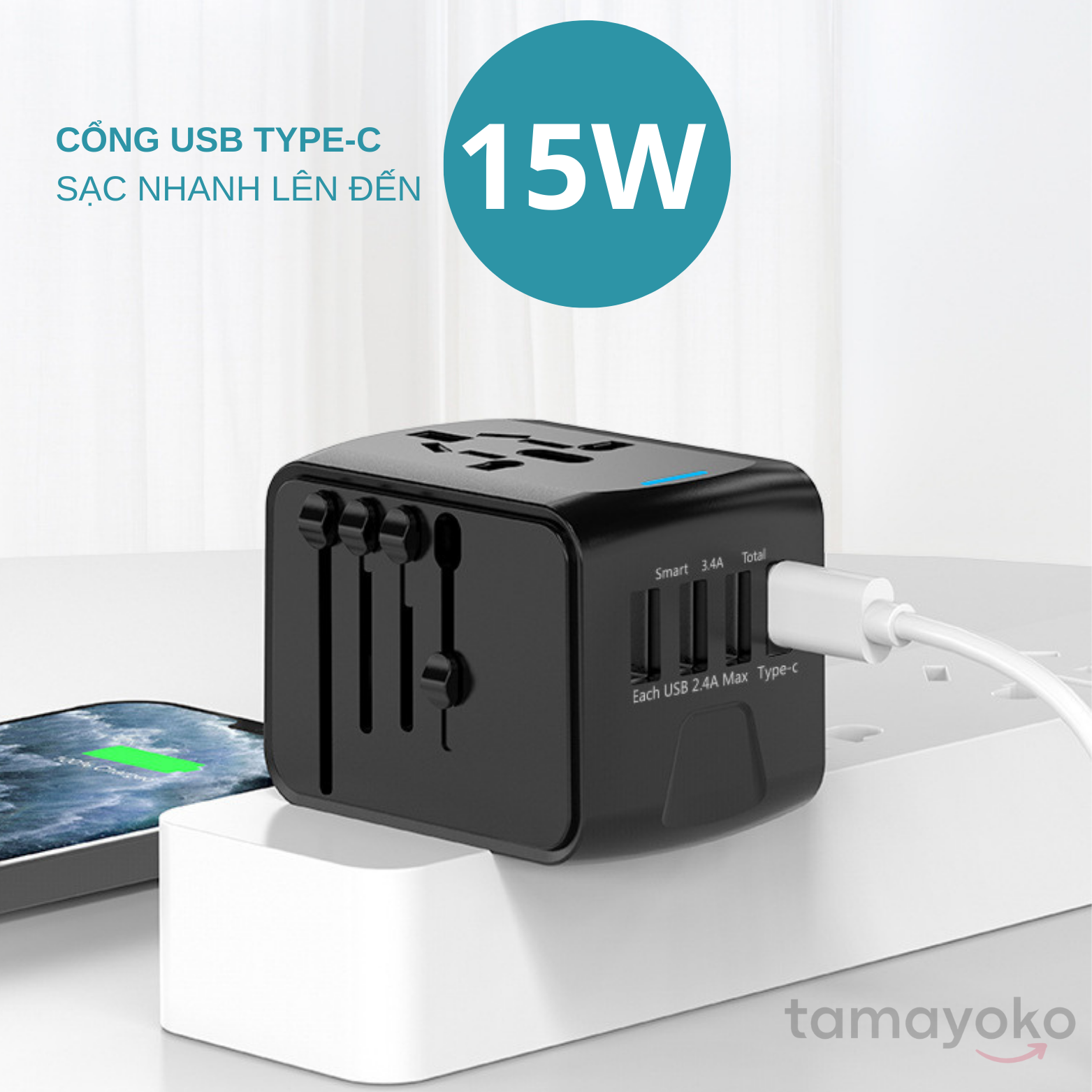 Ổ Cắm Điện Du Lịch Quốc Tế Đa Năng Tích Hợp 3 Cổng USB-A 1 Cổng USB C. Chất Liệu Nhựa PC Chống Cháy Phù Hợp Với Hơn 150 Nước. Hàng Chính Hãng Tamayoko