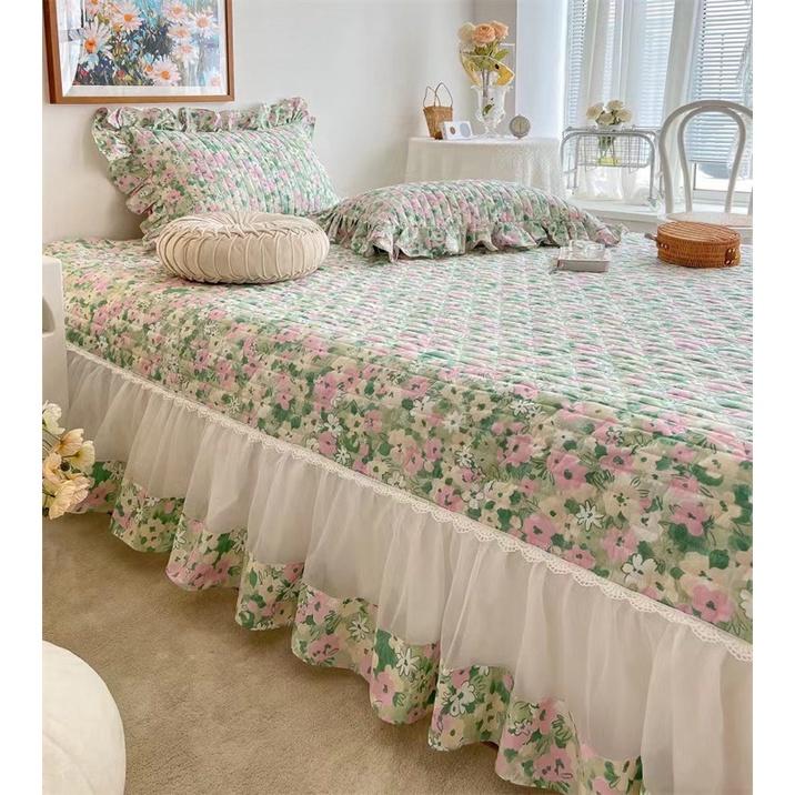 Chăn Ga Gối Cotton Đũi Viền Bèo - Xanh Biển Viền Trắng
