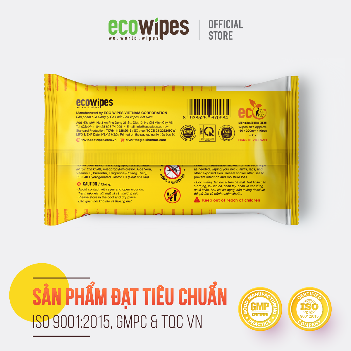 Combo 3 Khăn ướt đuổi muỗi EcoWipes gói 10 tờ 15x20 an toàn cho bé từ 6 tháng tuổi bảo vệ lên đến 8 giờ