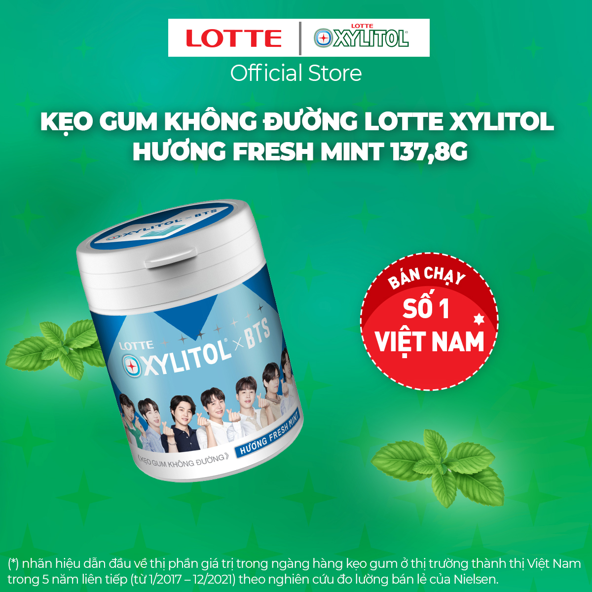 Kẹo Gum không đường Lotte Xylitol - Hương Fresh Mint 130,5 g
