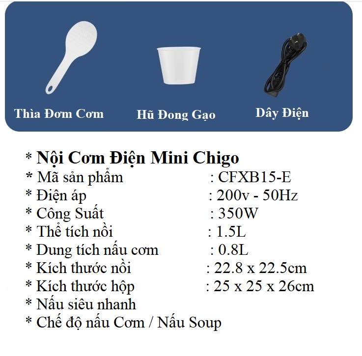 Nồi cơm điện mini Chigo 0.8L - CFXB15E dùng cho 1-2 người ăn công suất 350W nấu nhanh ruột chống dính 5 lớp - Hàng Chính Hãng