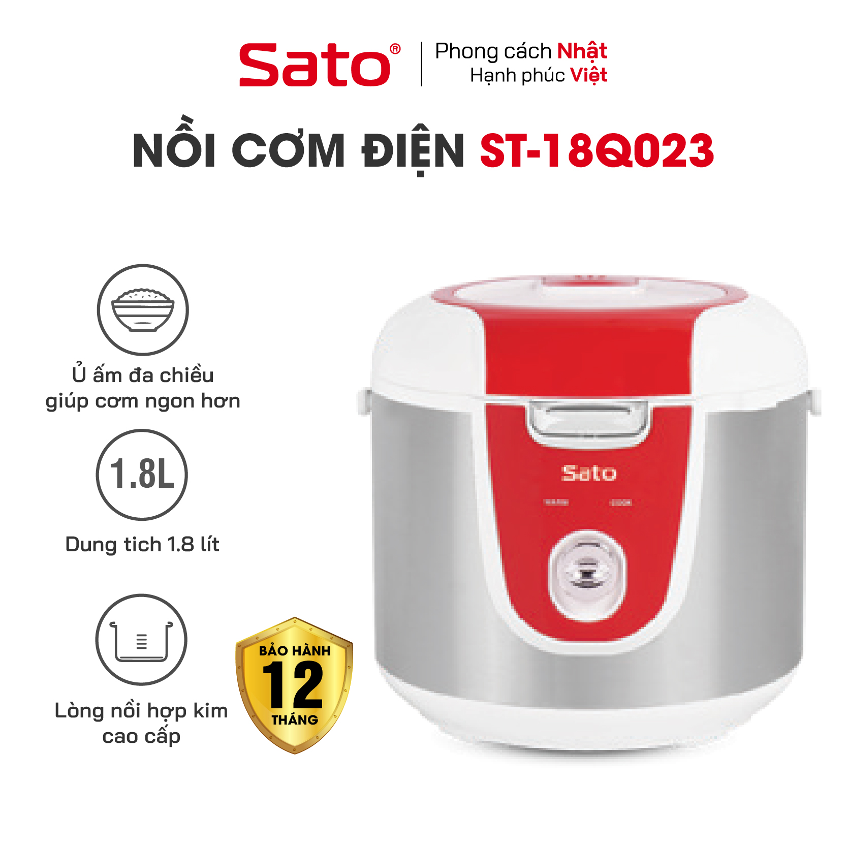 Nồi Cơm Điện SATO 18Q023 1.8L - Thiết kế quai xách chắc chắn, chống tràn tốt, nút điều khiển đơn giản, tiện dụng - Miễn phí vận chuyển toàn quốc - Hàng chính hãng