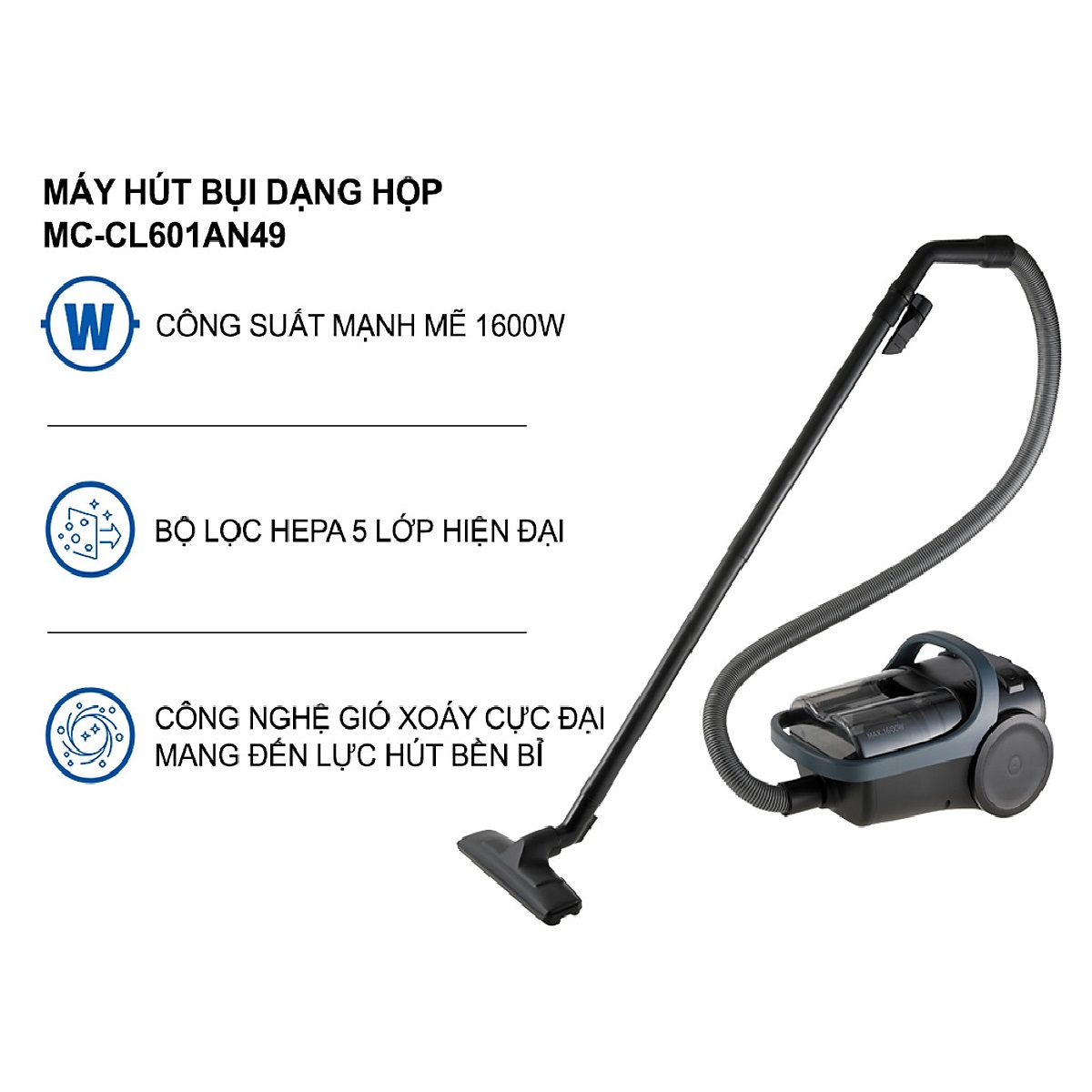 Máy Hút Bụi Dạng Hộp Panasonic MC-CL601AN49 - Công suất 1600W - Công nghệ gió xoáy cực đại - Bộ lọc HEPA hiện đại - Hàng chính hãng