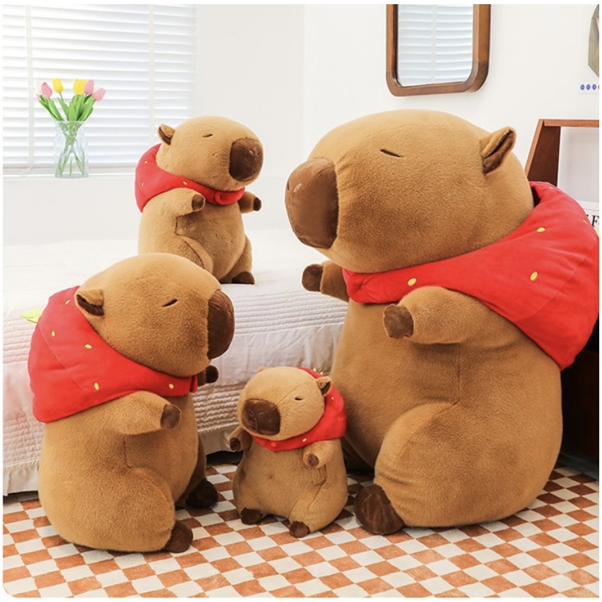 Thú nhồi bông capybara đội mũ dâu tây đáng yêu - Size từ 35cm đến 85cm - Quà tặng gấu bông capybara mang balô dâu tây trên lưng - Gối ôm chuột lang dễ thương cho bé
