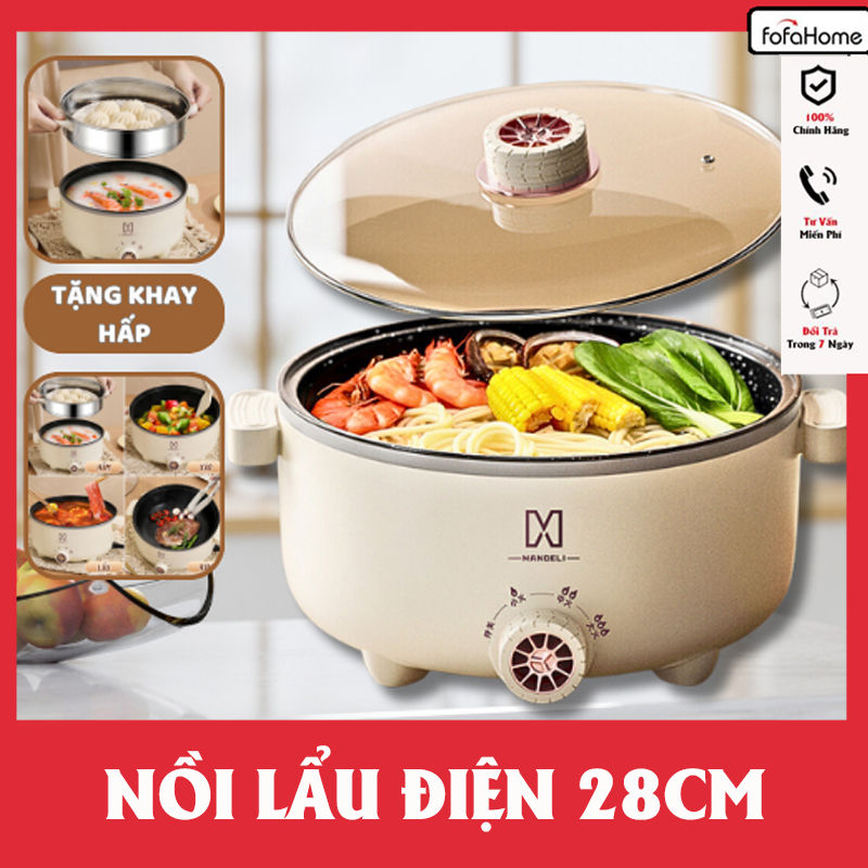 Nồi Lẩu Điện MANDELI Hiệu Suất Lớn 1000W Dung Tích 4L, Kèm Sửng Hấp Inox Lẩu, Chiên Dán Xào Đa Năng