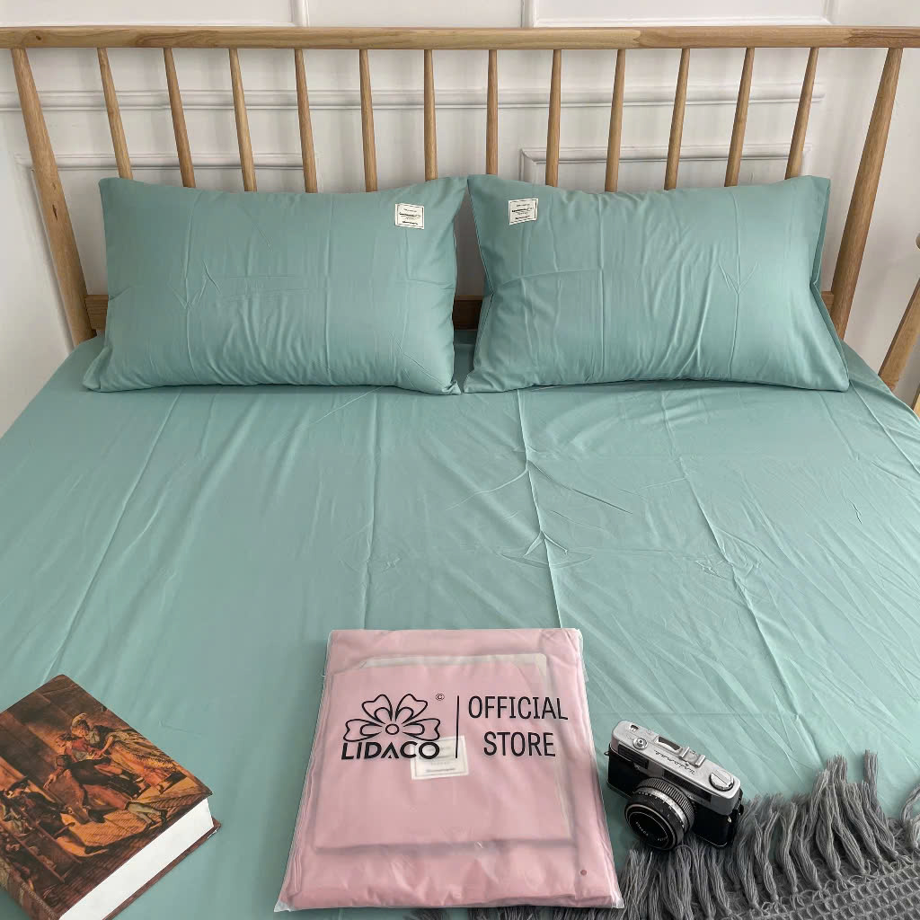 Bộ Ga Gối Cotton Đũi Tici Cao Cấp Nhiều Màu - Xanh Ngọc - 1M6X2M - Nệm Dưới 15Cm