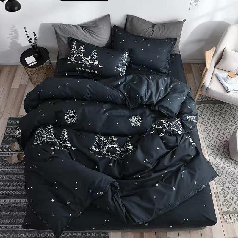 Bọ chăn ga gối Cotton poly M2T bedding, vỏ chăn mền, drap ga giường và 2 vỏ gối - Pl Cây thông đen