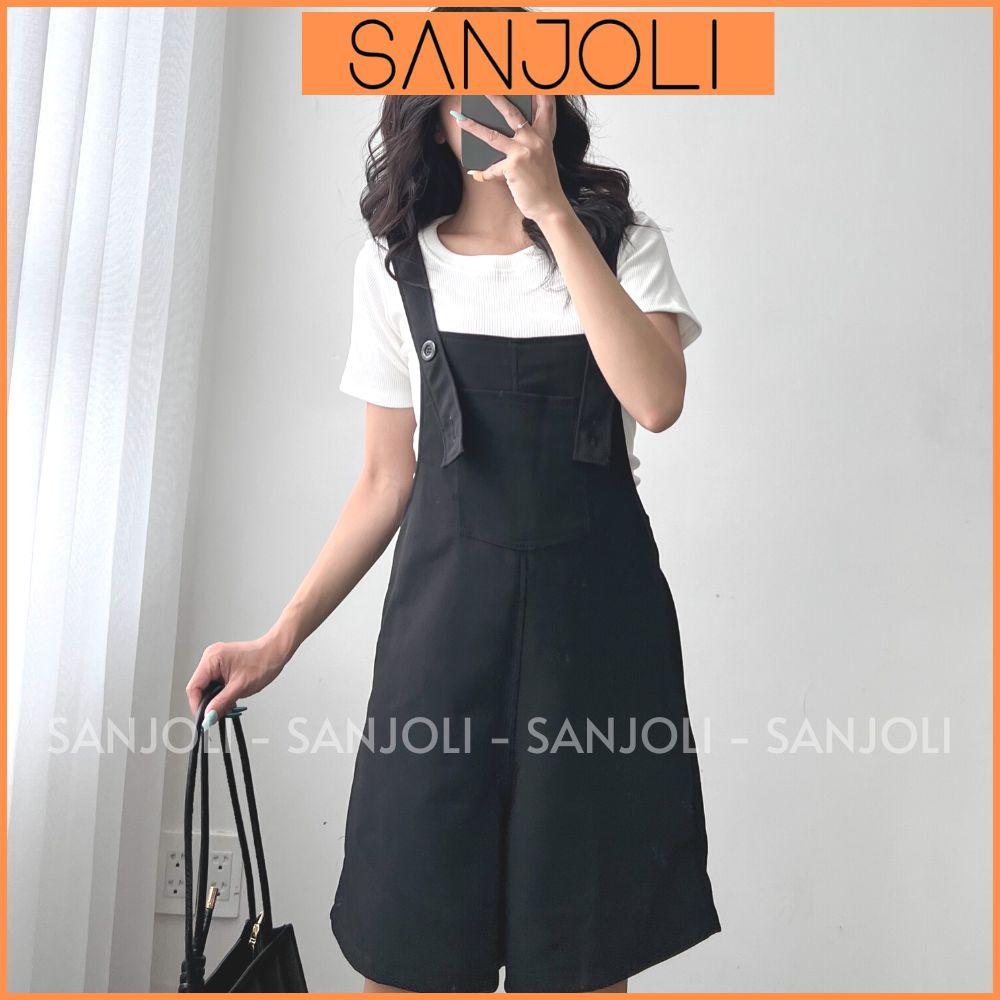 Quần Short Nữ SANJOLI Quần Yếm Ngắn Form Rộng Dây Đeo Có Thể Điều Chỉnh Vải Cotton Có Túi Vintage Màu Nâu Đen QD015