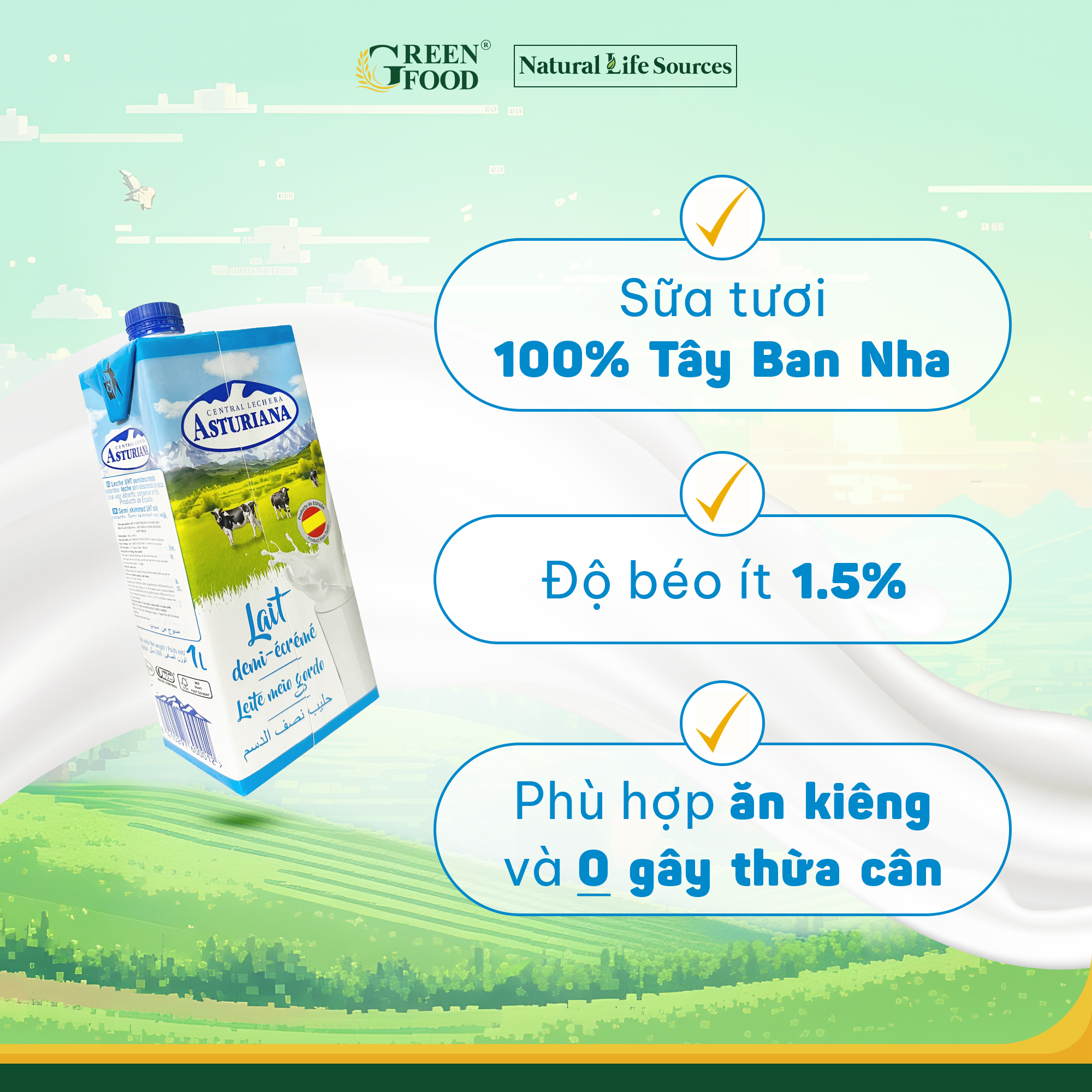 Sữa Tươi Tiệt Trùng ASTURIANA tách béo 1 phần 1L - Béo ít 1,5%, Không Đường Phù hợp Ăn Kiêng, Nhập khẩu từTây Ban Nha