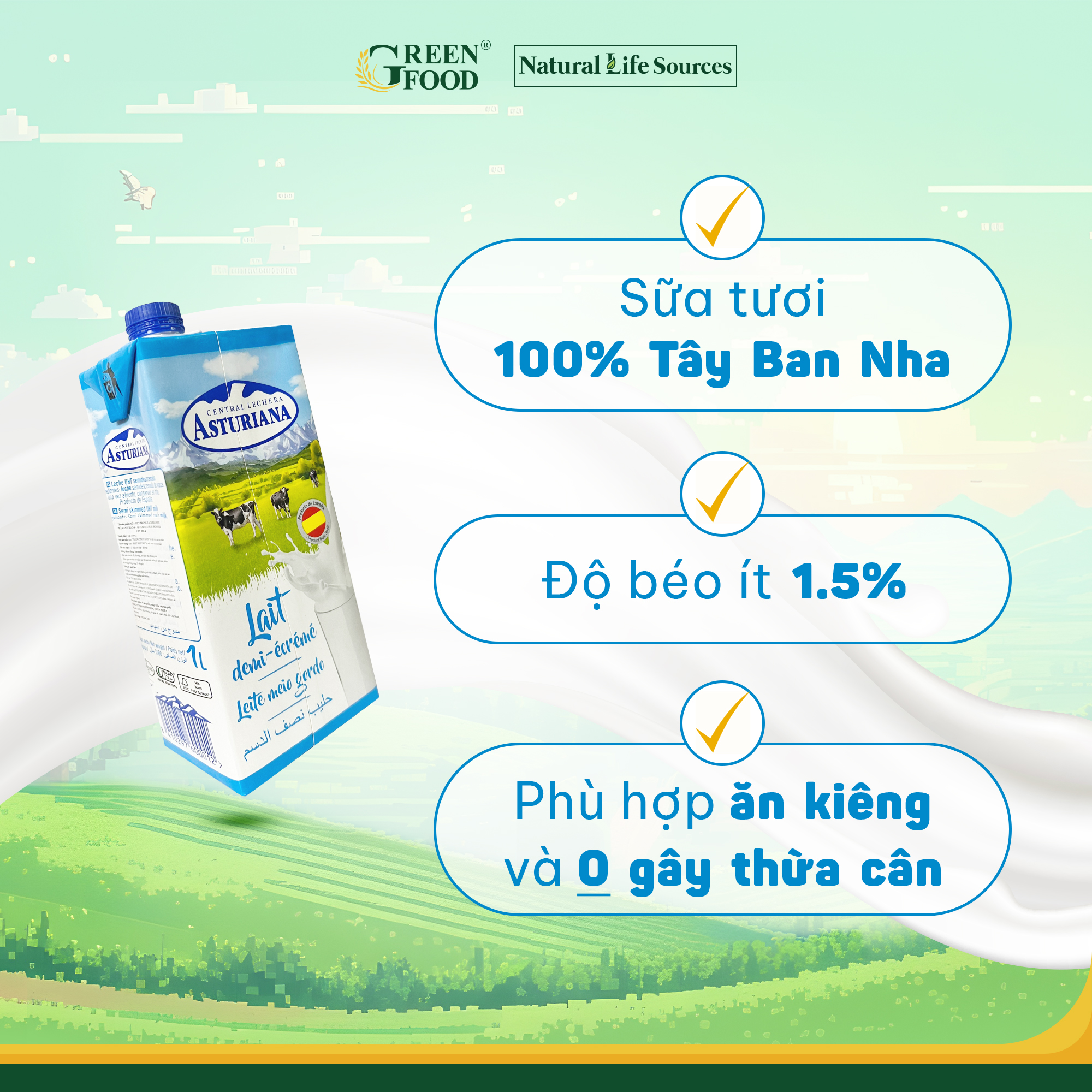 Thùng 6 hộp Sữa Tươi Tiệt Trùng ASTURIANA tách béo 1 phần 1L - Béo ít 1,5%, Không Đường Phù hợp Ăn Kiêng, Nhập khẩu từ Tây Ban Nha