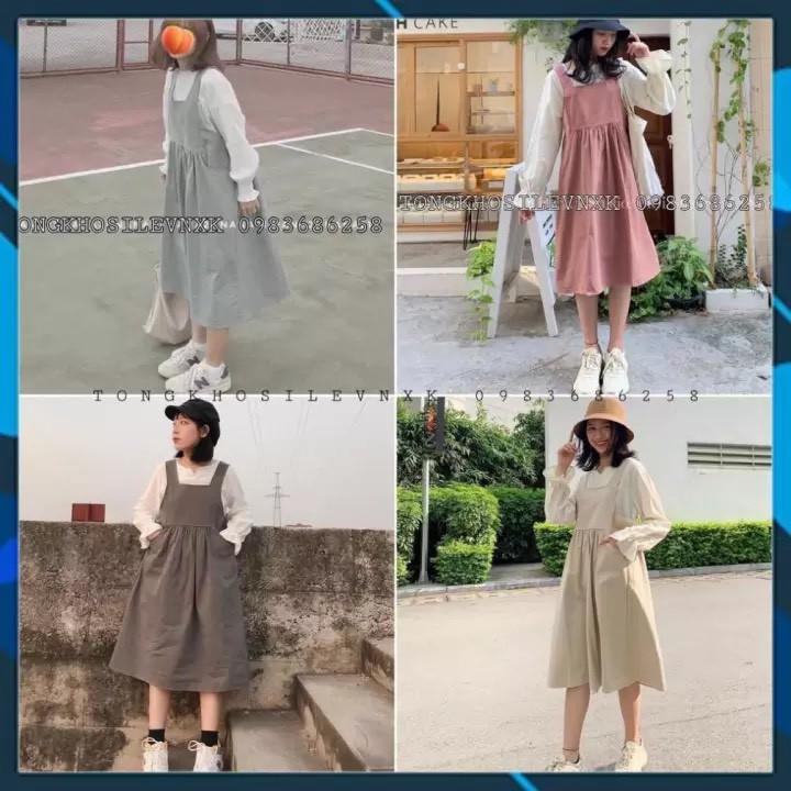 Set Ulzzang áo sơ mi váy yếm thô