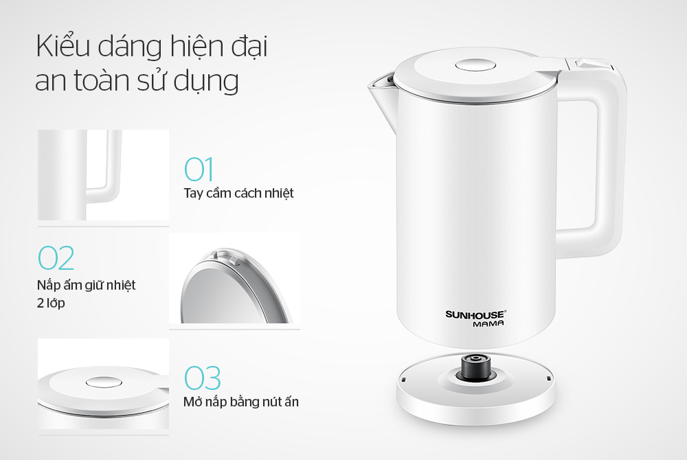 Ấm Siêu Tốc Inox 2 Lớp Cao Cấp Sunhouse SHD1386W 1.8 Lít - Bảo Hành 24 Tháng Toàn Quốc