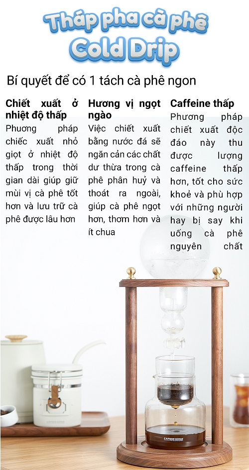 Tháp pha cà phê đá lạnh Cold drip Cafede Kona 600ml khung gỗ