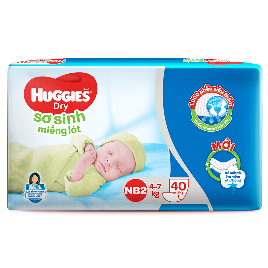 Miếng Lót Sơ Sinh Huggies Dry Newborn 2 - 40 (40 Miếng) - Bao Bì Mới