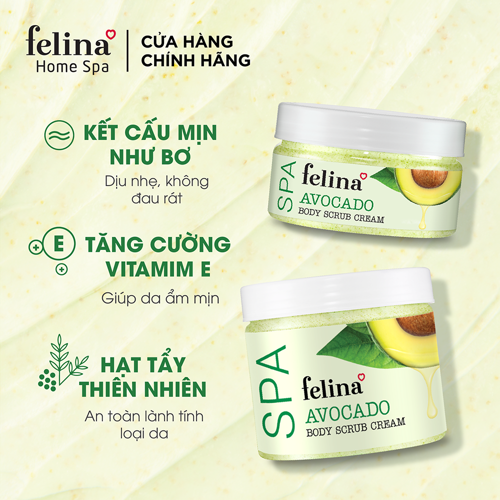 Kem tắm tẩy tế bào chết body Felina Home Spa từ bơ nghiền nguyên trái giúp da sạch sâu, ẩm mịn chỉ sau 1 lần dùng