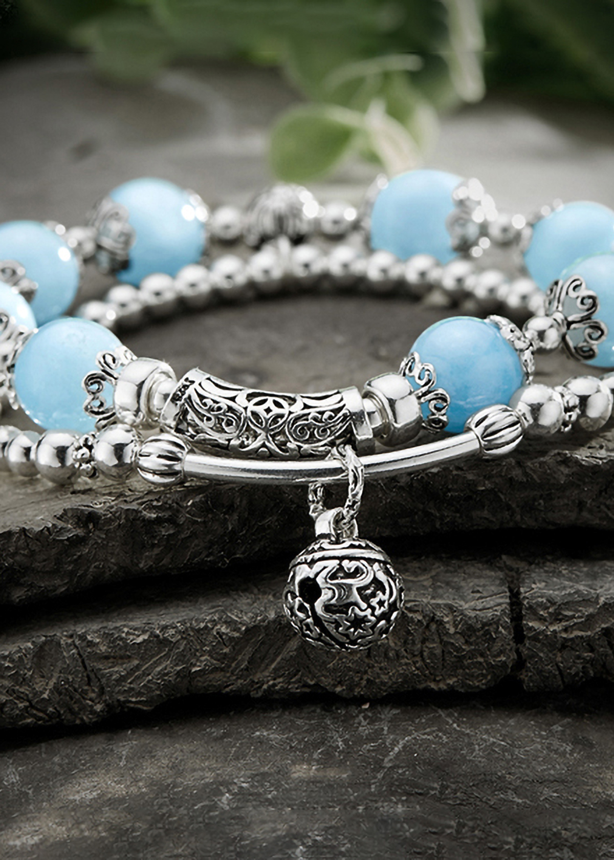 Vòng 2 line đá Aquamarine phối charm bạc size hạt 10mm mệnh thủy, mộc - Ngọc Quý Gemstones