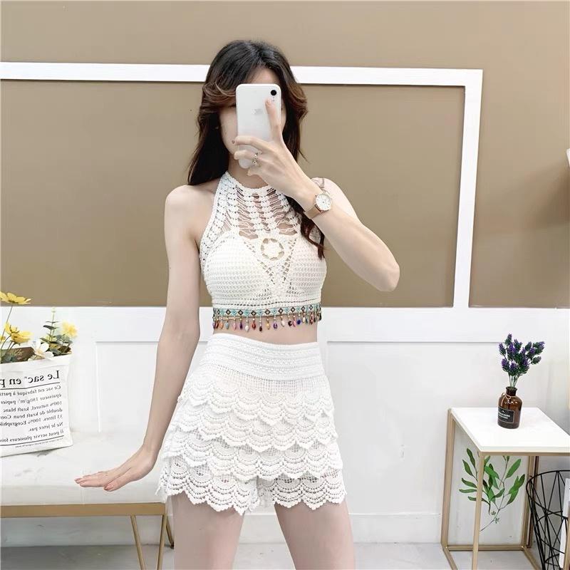 MS611 Áo yếm kiểu đan móc đính hạt tua rua đi biển mix quần jeans