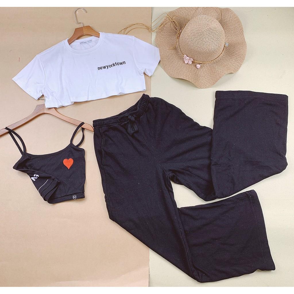 Set Combo Bộ Thun Hở Eo 2 Áo Kép Croptop Và Áo Dây Kèm Quần Da Cá Ống Rộng Hàn Quốc 2021 Siêu Xinh Năng Động