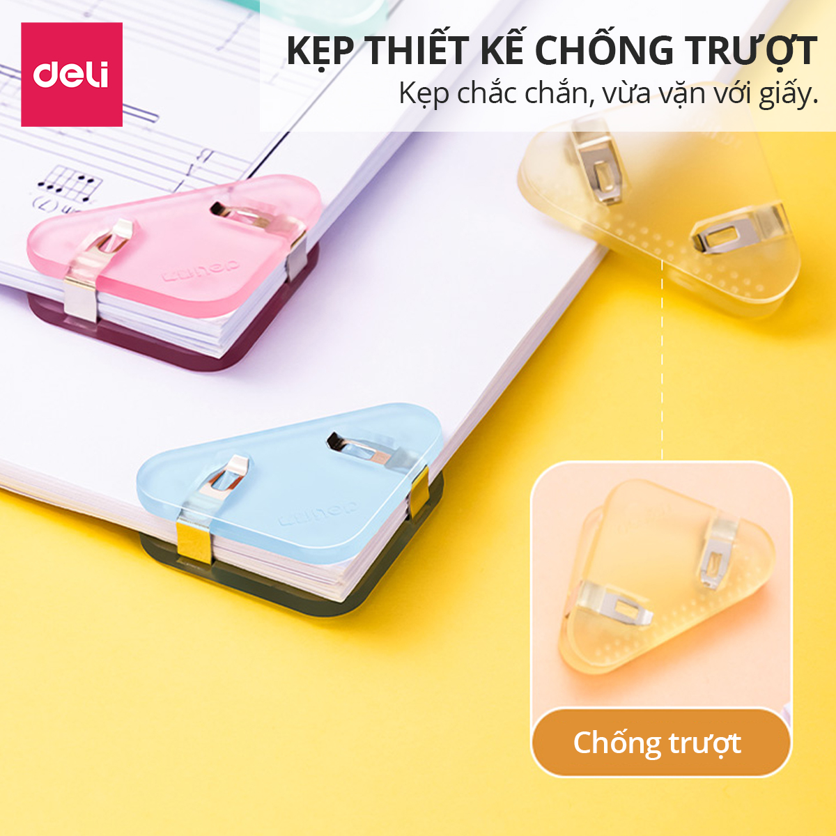 Set 4 kẹp giấy, kẹp đánh dấu trang sách, kẹp hồ sơ tài liệu tam giác bằng nhựa Deli thiết kế dễ thương màu pastel