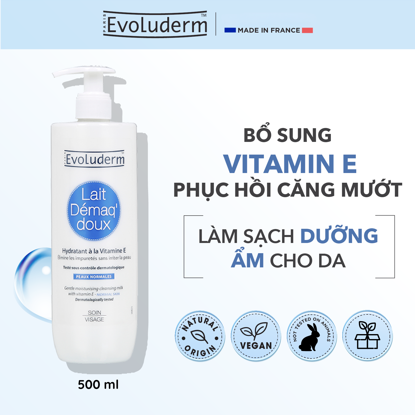 Sữa tẩy trang rửa mặt Evoluderm bổ sung Vitamin E giúp dưỡng ẩm và làm tươi trẻ làn da 500ml