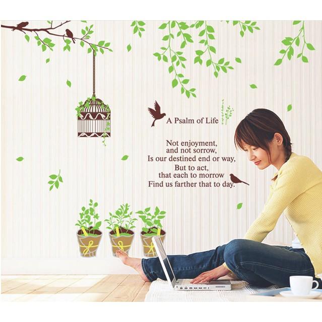 Decal trang trí mẫu cây xanh và lồng chim