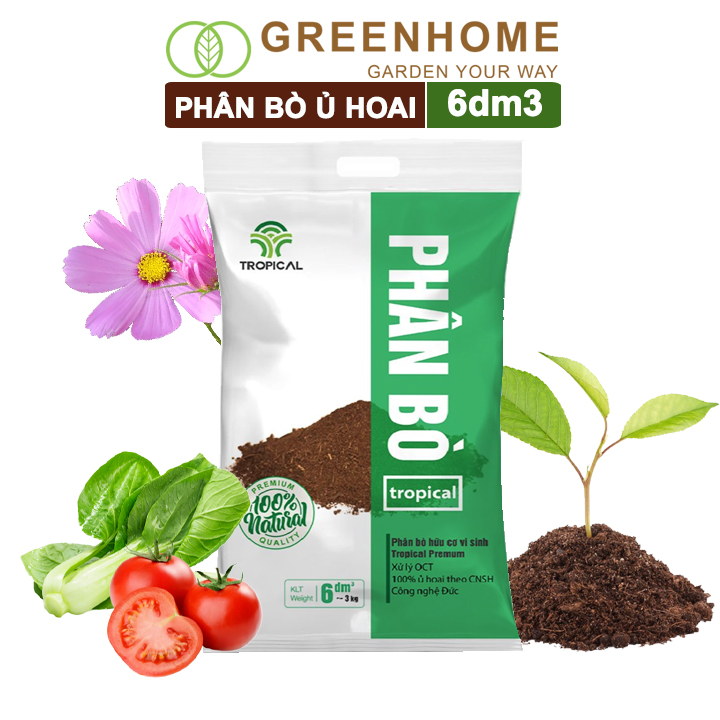 Phân bò ủ hoai cao cấp Tropical, bao 6dm3, đã qua xử lý, không mùi hôi, hữu cơ tiện lợi |Greenhome