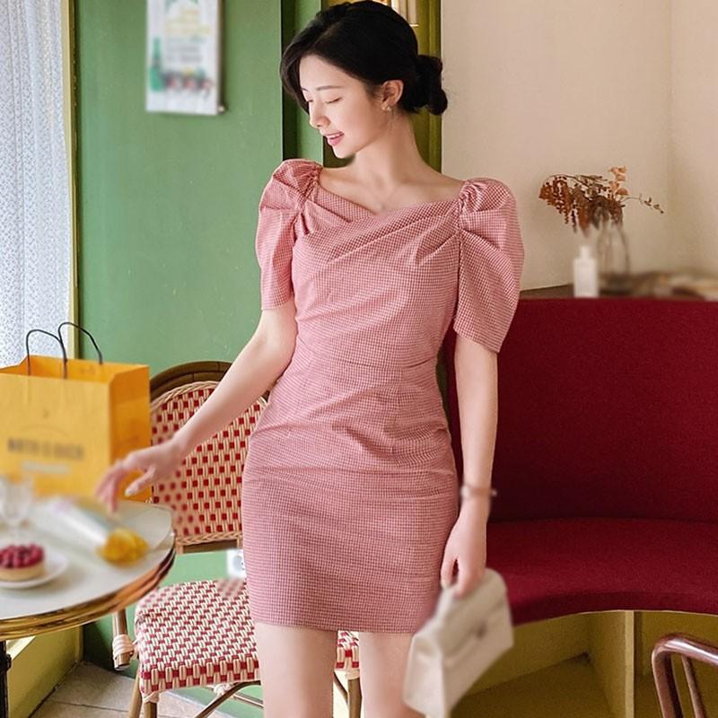 Đầm Nữ Ngắn Tay Cổ Chữ V Ca Rô Thời Trang Hàn