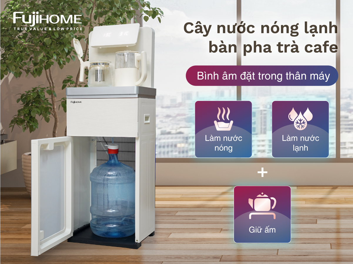 Cây nước nóng lạnh bàn trà cafe Fujihome nhập khẩu cài đặt nhiệt độ sôi, máy nước nóng lạnh bình âm điều khiển từ xa - hàng chính hãng