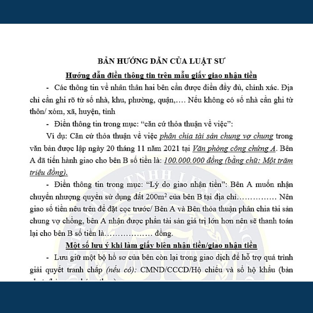 Mẫu giấy giao nhận tiền, giấy biên nhận tiền + Bản hướng dẫn chi tiết của Luật sư