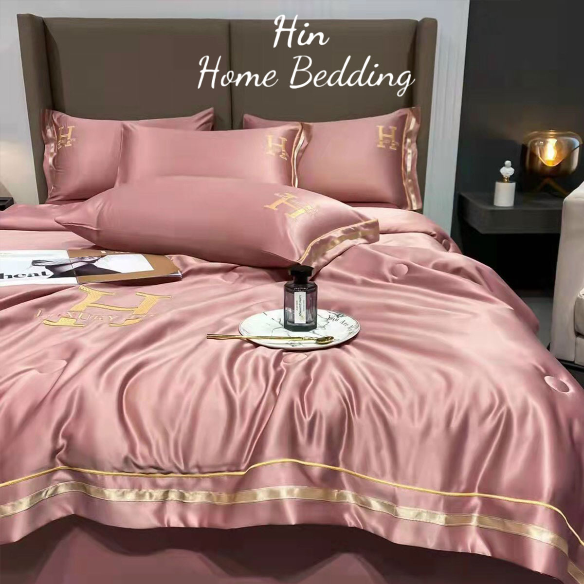 Bộ Chăn Ga Gối Đệm 5 Món Chăn Phao Lụa Thái Hin Home Bedding Drap Giường Lụa Mẫu Hồng