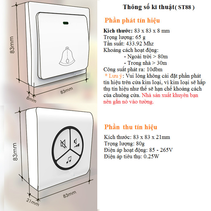 Chuông cửa báo khách không dây G1 sang trọng, hiện đại (Tặng đèn 4 led dán tủ dán tường, cầu thang)