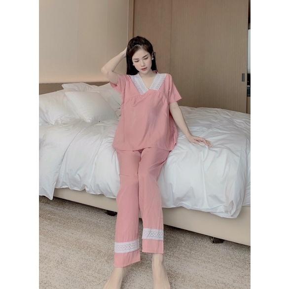 Bộ đồ BẦU và SAU SINH áo NGẮN quần DÀI, chất đũi lụa mềm nhẹ, cổ thiết kế chữ V sành điệu, có khoá ti tiện lợi