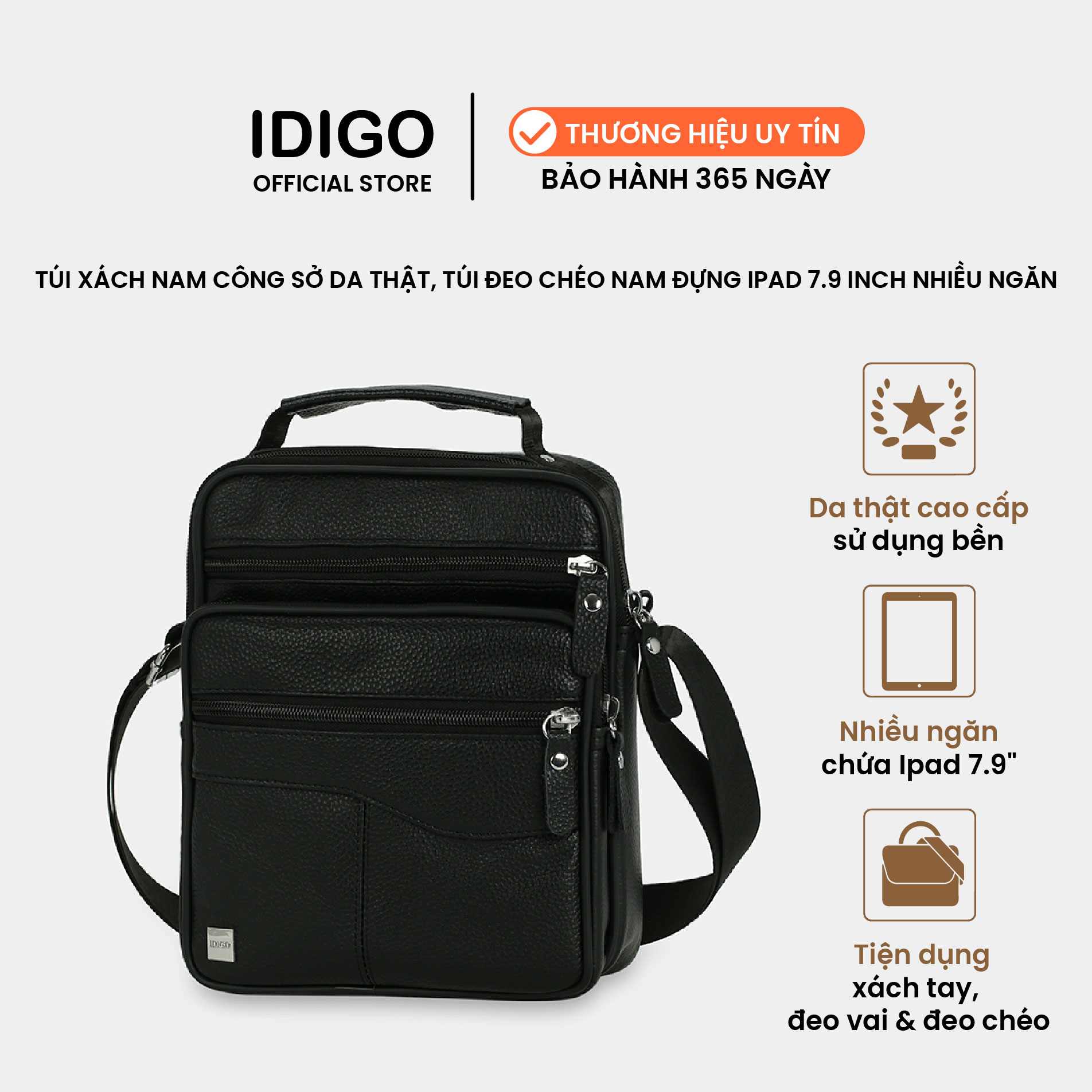 Túi xách nam công sở da thật, túi đeo chéo nam du lịch đựng máy tính bảng 7.9 inch ngăn trước vạt chéo IDIGO MB1 - 6019
