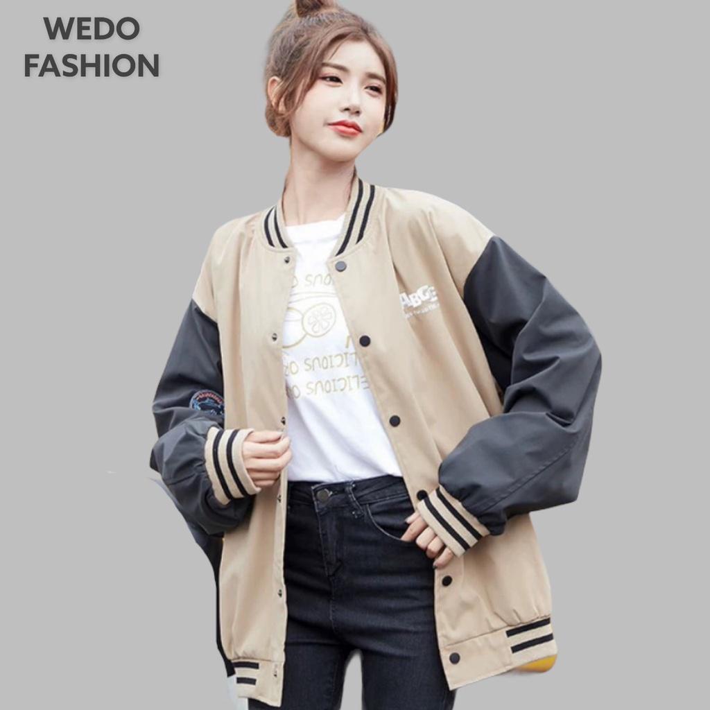 Áo khoác Bomber nữ BABGE, vải dù mero hai lớp cao cấp, logo thêu kèm nút bấm phối màu cá tính
