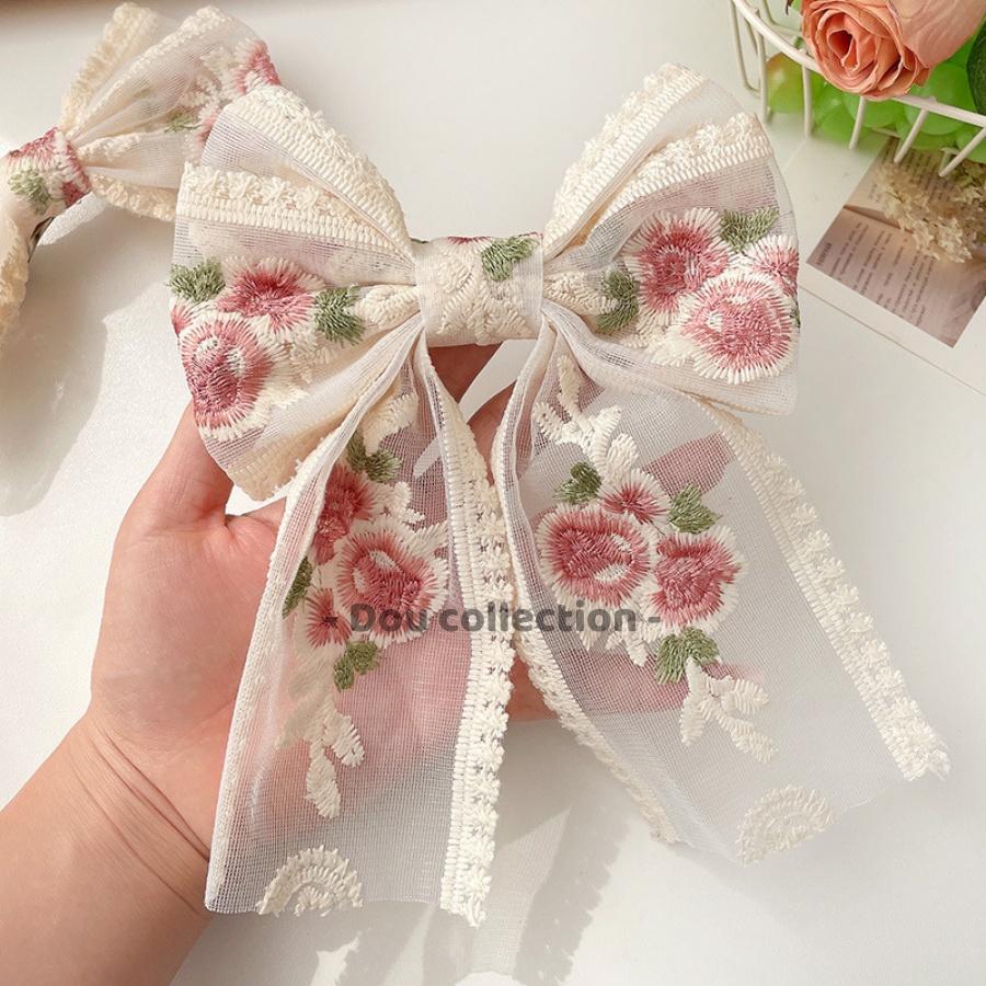 Kẹp Tóc Nơ Ren Họa Tiết Hoa Thêu Cao Cấp Tiểu Thư HANDMADE - Mã KT017