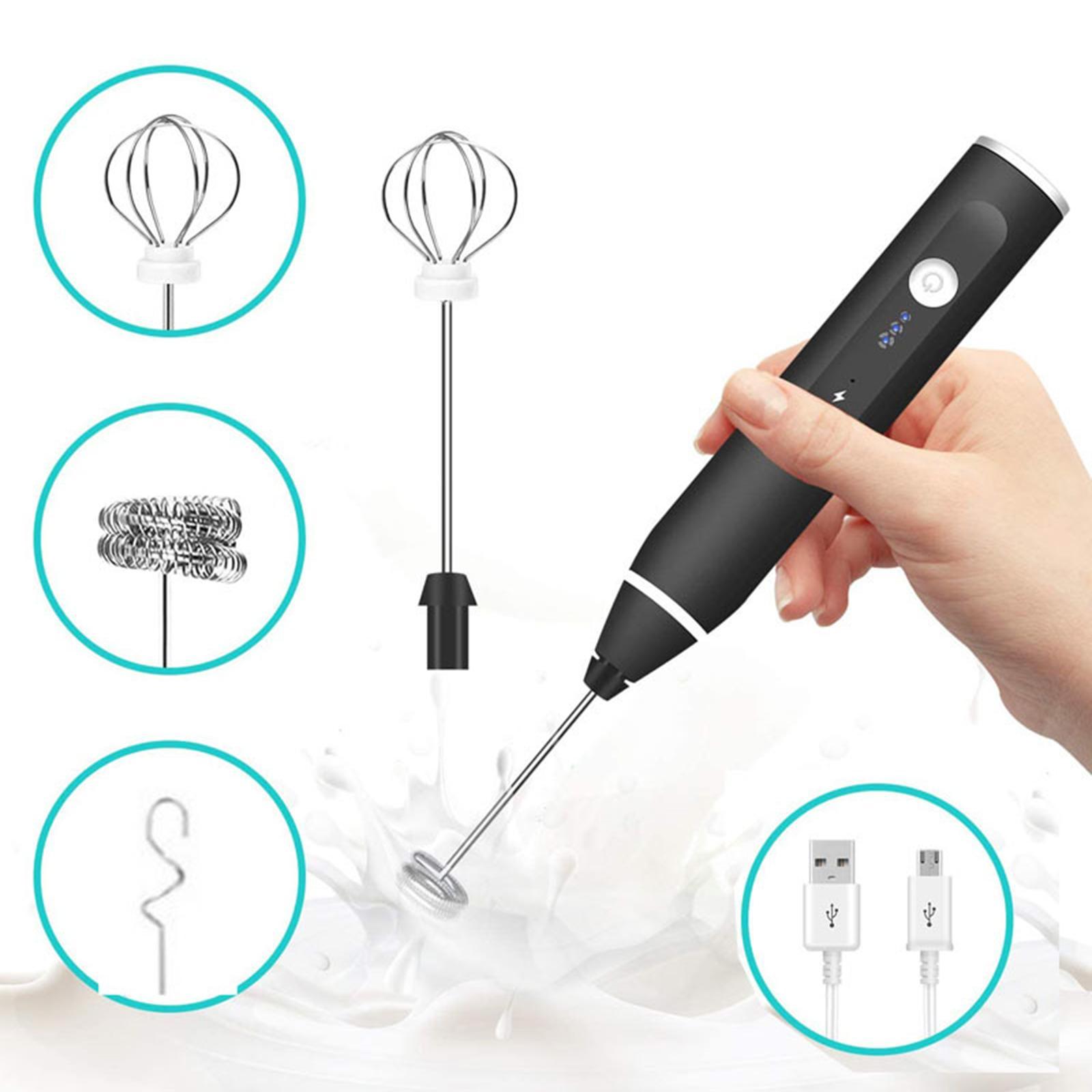 Milk Frother Egg Beater with 3 Stainless Whisks Whisk Coffee for Cappuccino