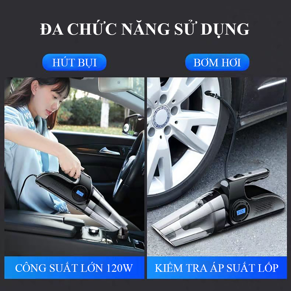 Máy hút bụi cầm tay đa năng giúp bạn dọn dẹp gia đình, vệ sinh ô tô dễ dàng tiết kiệm thời gian. Máy hút bụi đa năng 4 trong 1, hút bụi, bơm hơi lốp xe ô tô, kiểm tra áp suất lốp kèm đèn pin tiện ích.