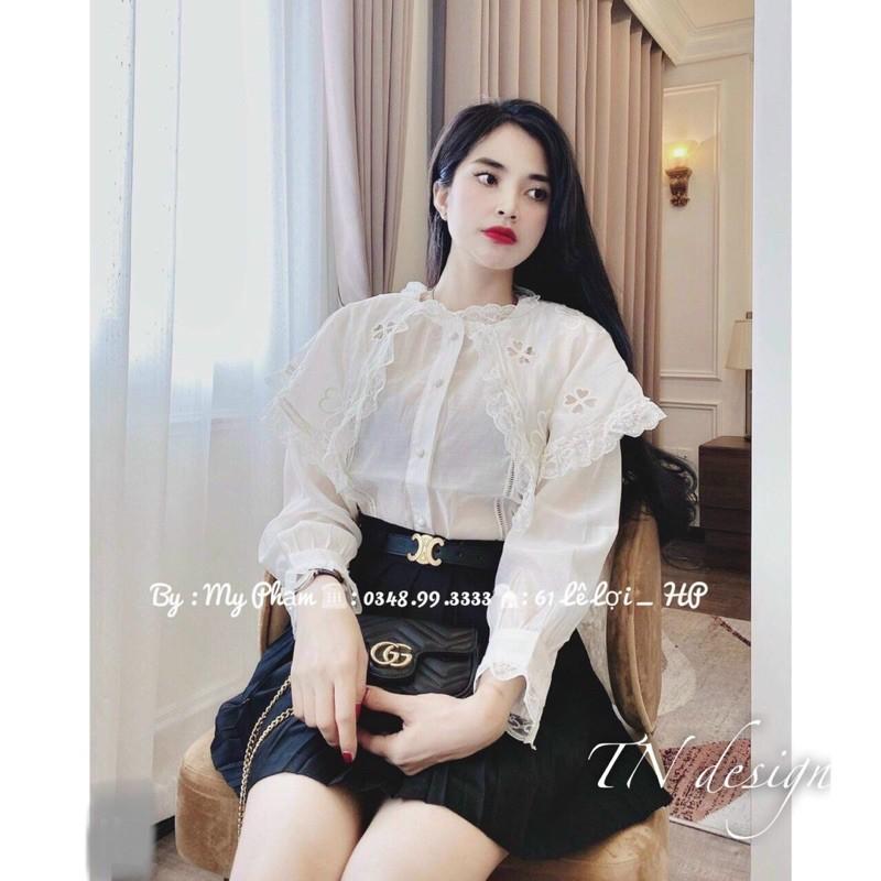 Áo sơmi cổ sen thêu viền ren