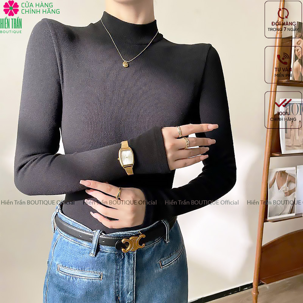 Áo giữ nhiệt nữ Hiền Trần BOUTIQUE cổ cao dài tay chất vải thun kiểu dáng ôm nhẹ phong cách thanh lịch