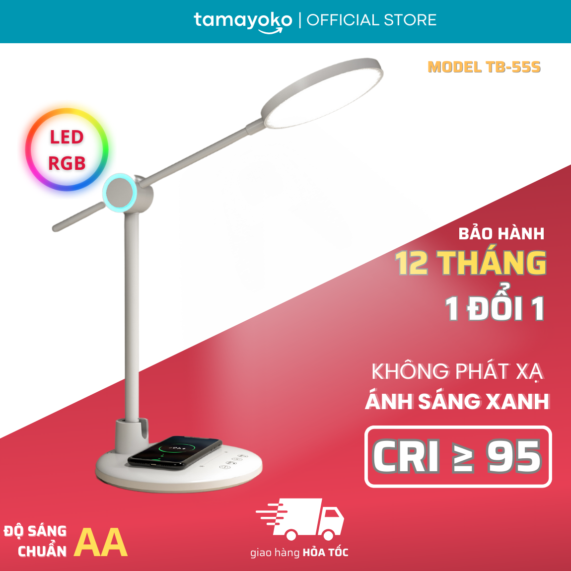 Đèn Bàn Học LED RG0 Tamayoko 3 Chế Độ Ánh Sáng Bảo Vệ Mắt Chống Cận Thị Không Phát Xạ Ánh Sáng Xanh Model TB-55S/SW