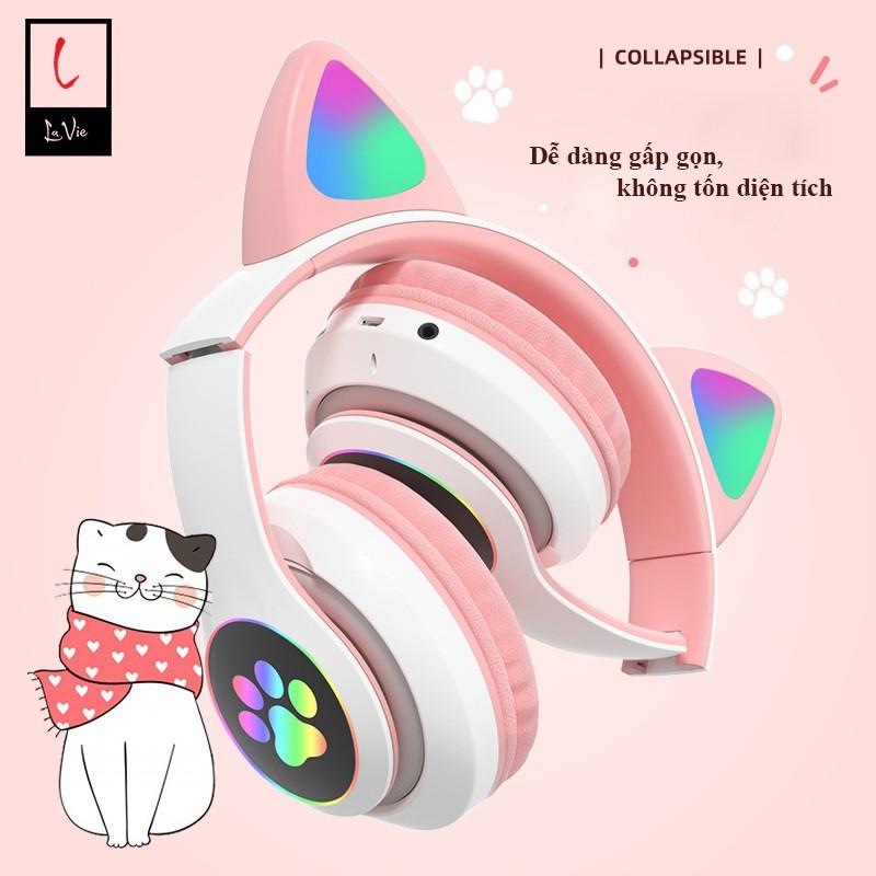 Headphone Chụp Tai Bluetooth 5.0 Có Mic tai Mèo Cute Âm Thanh Sống Động, Led Siêu Nhạy