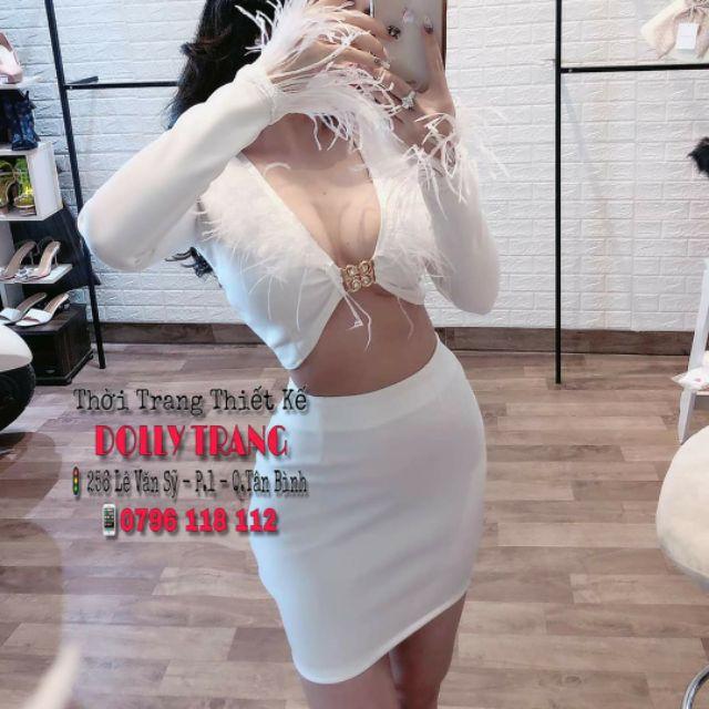 Đầm body tay dài phối lông vũ
