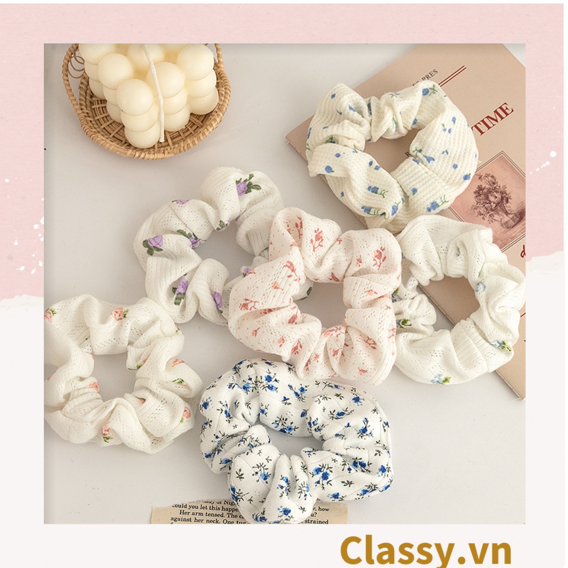 Scrunchies buộc tóc họa tiết hoa nhí vintage, nữ tính thanh lịch PK711