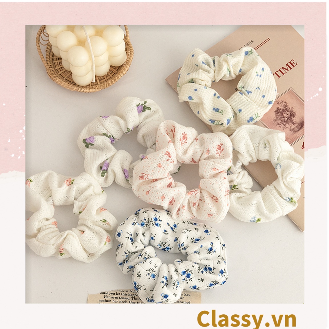 Scrunchies buộc tóc họa tiết  hoa nhí vintage, nữ tính thanh lịch PK711