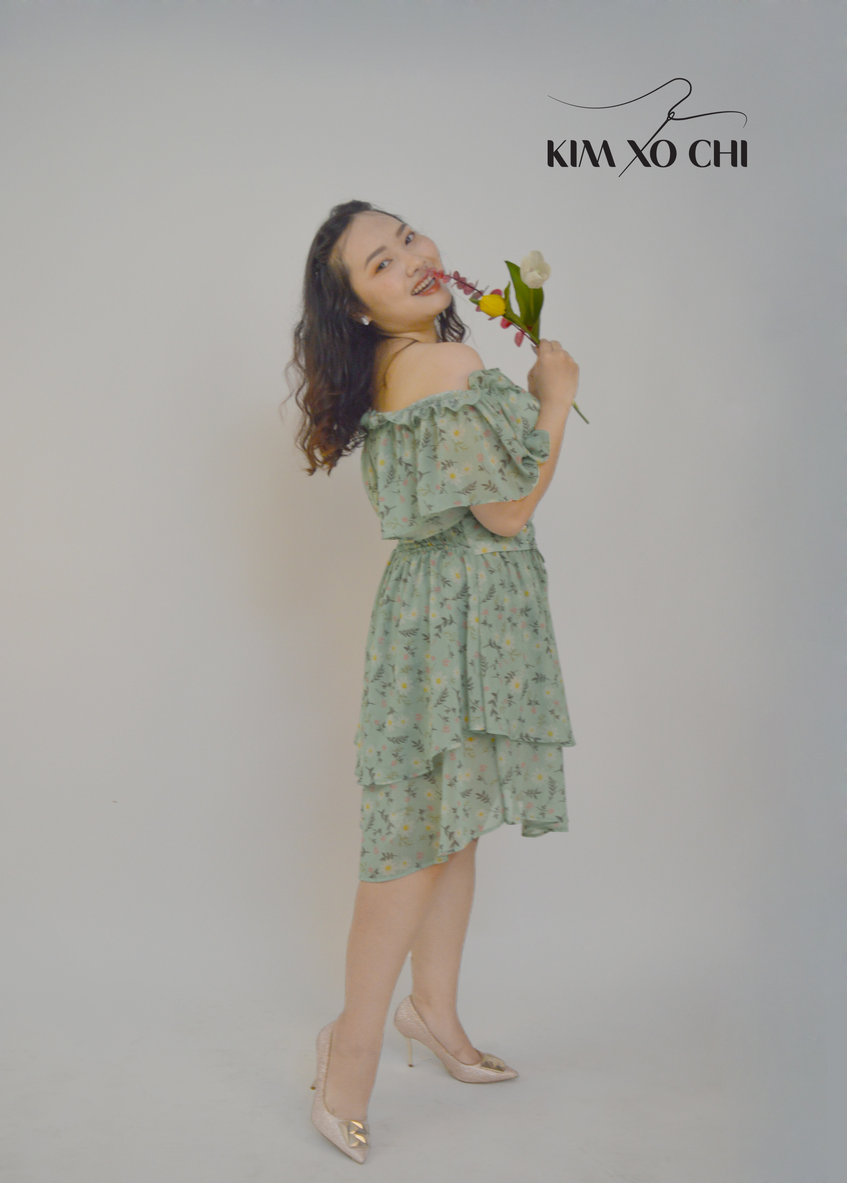 Đầm bigsize trễ vai xanh hoa